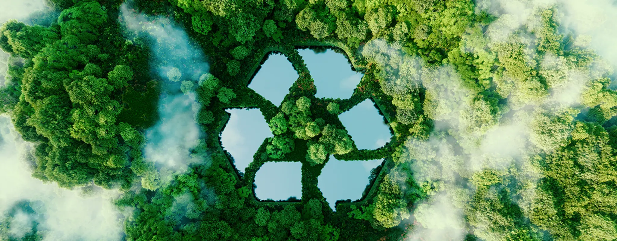 Nachhaltigkeitssymbol aus blauen Pfeilen, die einen Kreislauf bilden, über einer grünen, von Wolken umringten Waldlandschaft, die von oben betrachtet wird