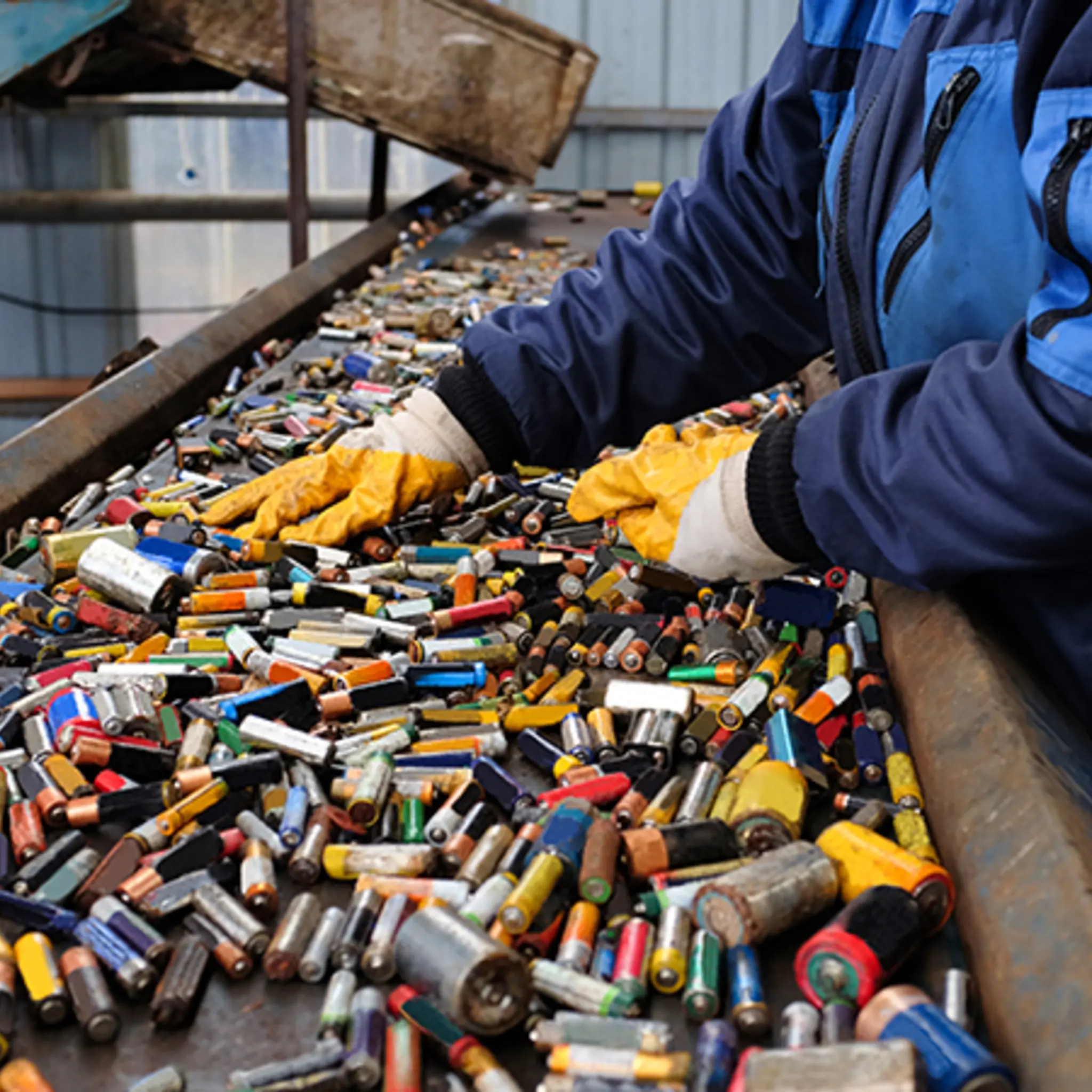Eine Person in Arbeitskleidung und mit Handschuhen sortiert Batterien auf einem Förderband 