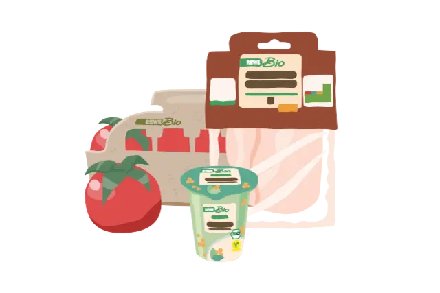 Die Illustration zeigt eine Auswahl an REWE Bio Produkten.