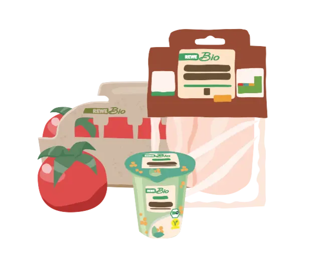 Die Illustration zeigt eine Auswahl an REWE Bio Produkten.