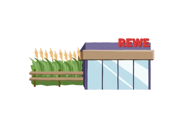 Die Illustration symbolisiert Regionalität: Ein Feld grenzt direkt an einen REWE Markt an. 