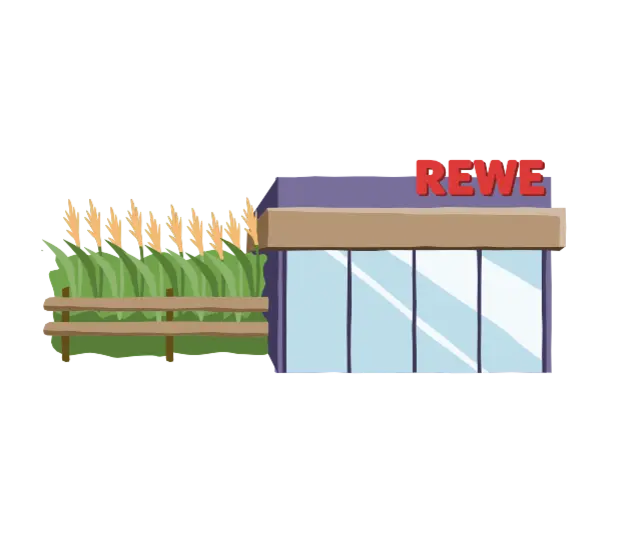 Die Illustration symbolisiert Regionalität: Ein Feld grenzt direkt an einen REWE Markt an. 
