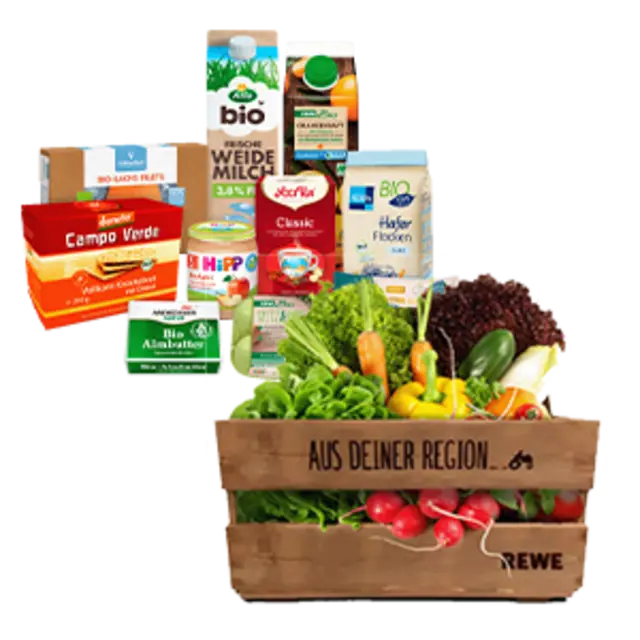 Eine Holzkiste mit verschiedenen regionalen und Bio-Produkten.