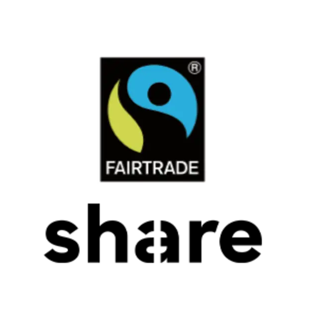 Das share und Fairtrade Logo untereinander.