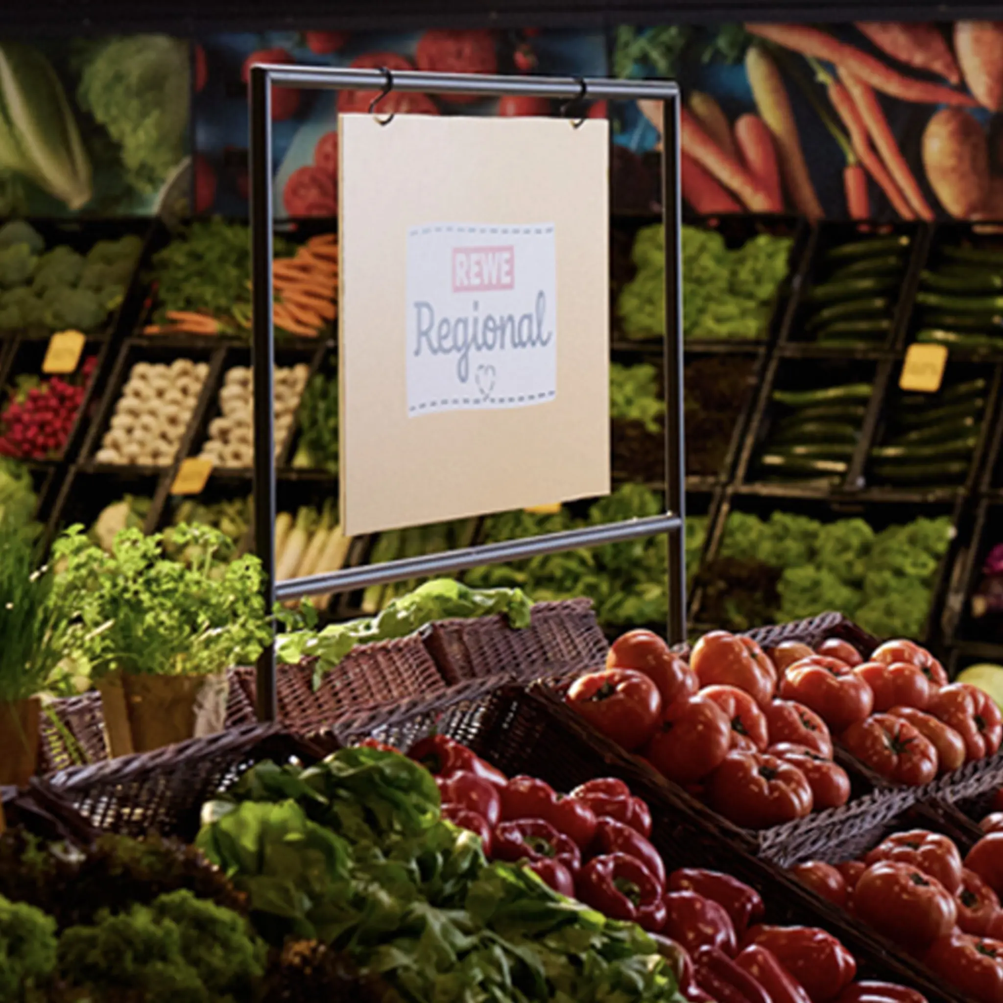 Gelbe Schilder mit der Aufschrift „Regional“ kennzeichnen regionale Produkte bei REWE. Unter der Eigenmarke REWE Regional findest du viel frisches Obst und Gemüse.