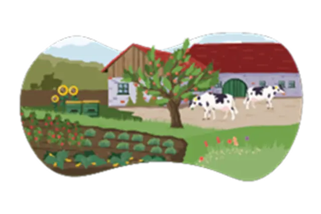 Ein illustrierter Bio-Hof. Um ein Feld herum wachsen Sonnenblumen und Obstbäume.