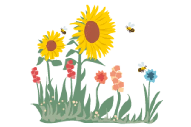 Die Illustration zeigt Bienen auf einer blühenden Wiese.