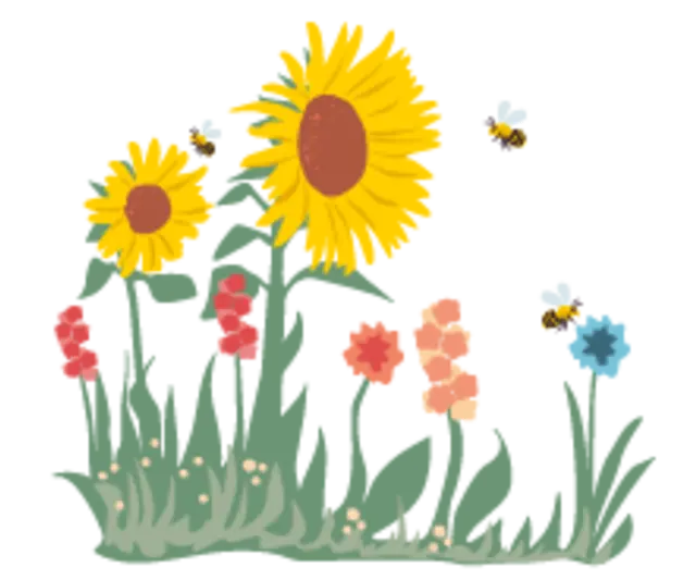 Die Illustration zeigt Bienen auf einer blühenden Wiese.