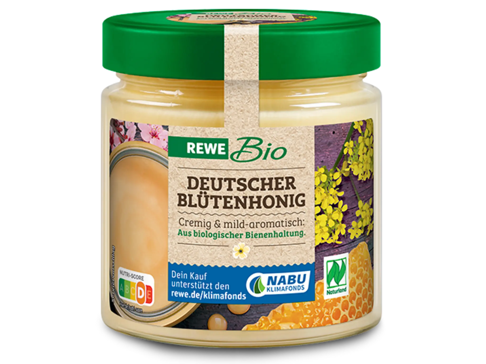 Ein Glas REWE Bio Deutscher Blütenhonig.