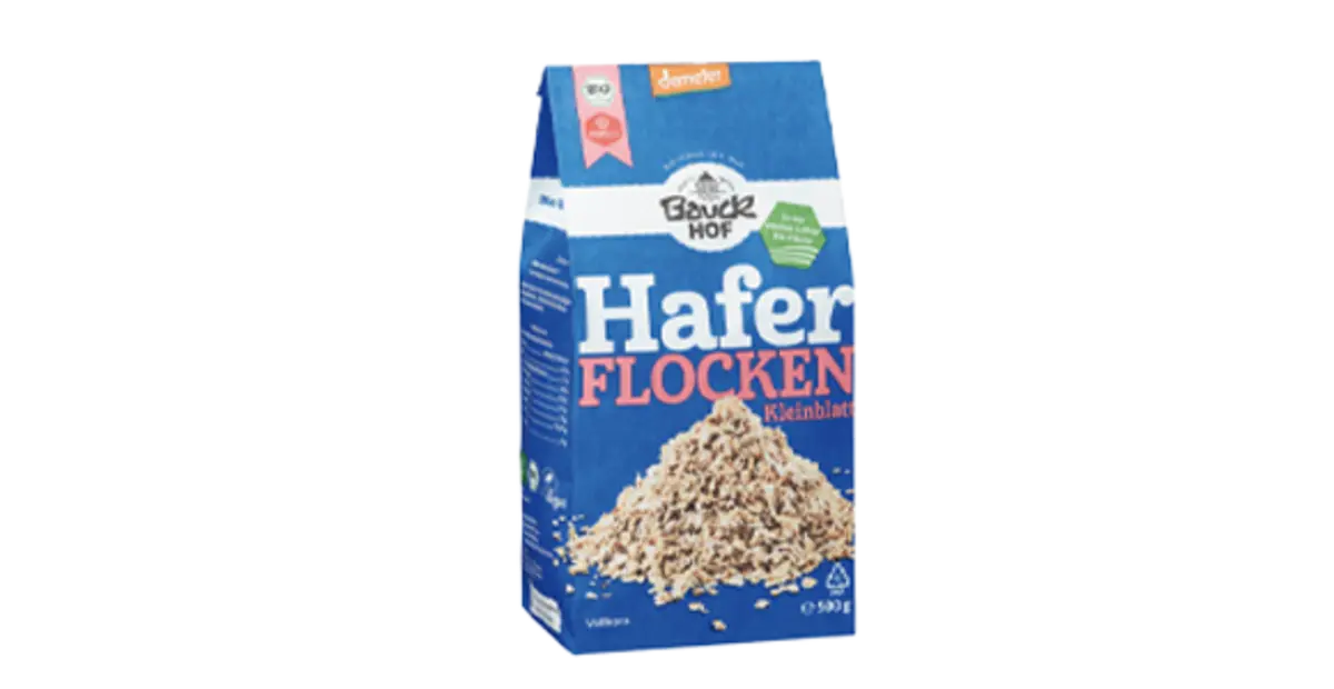 Eine Packung Bauckhof Bio Demeter Haferflocken Kleinblatt.