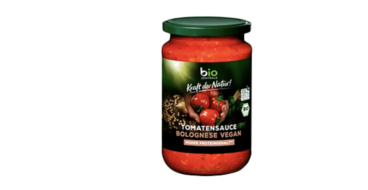 Eine Packung Biozentrale Bio Tomatensauce Bolognese Vegan.