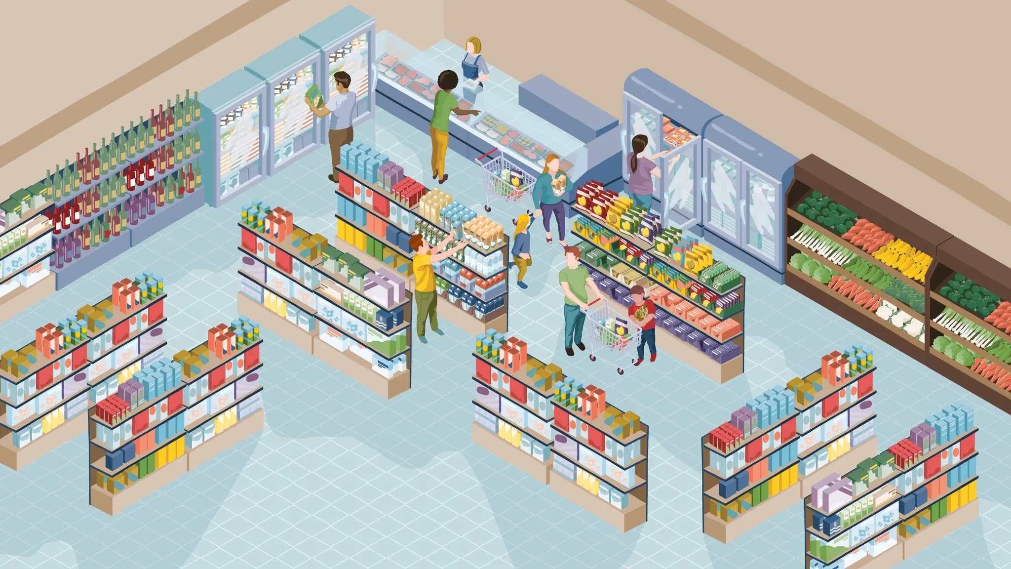 Eine Alltagsszene aus einem illustrierten REWE Markt. Man schaut von schräg oben über die verschiedenen Regalreihen hinweg. Überall findet man vegane Alternativen.  