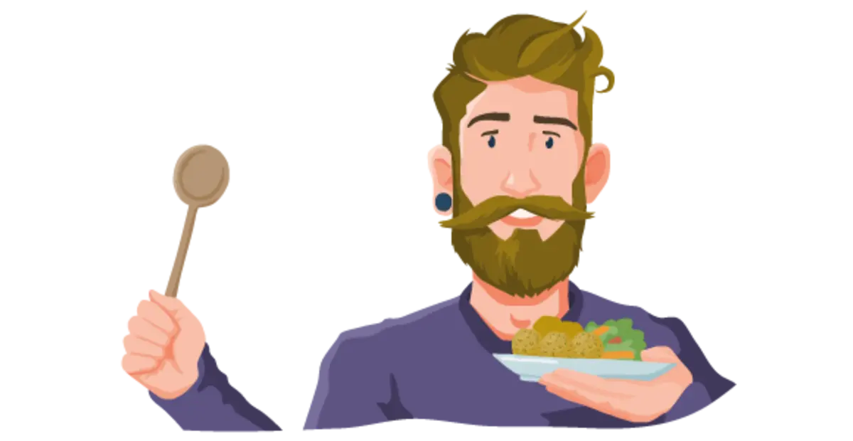 Ein illustrierter Hobby-Koch hält einen Teller mit veganen Gemüsebällchen und appetitlicher Salatbeilage. 