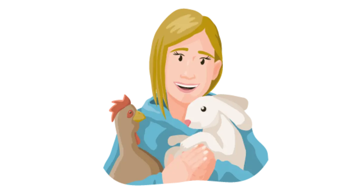 Eine illustrierte Tierfreundin hält ein Huhn und ein Kaninchen im Arm. 