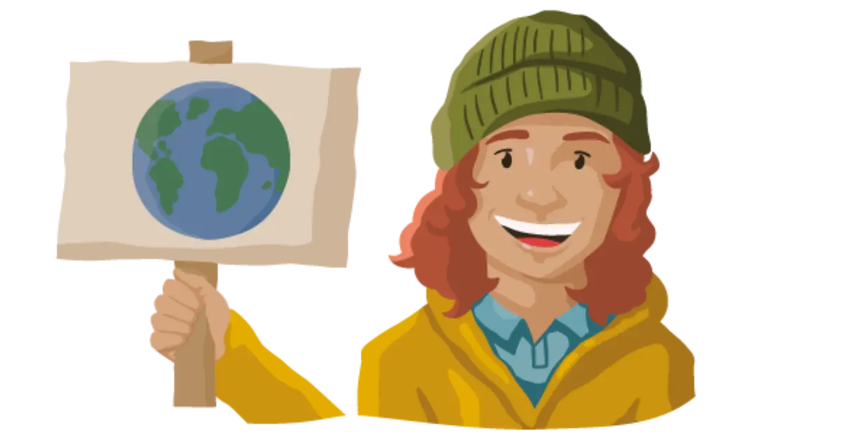Ein illustrierter Klimaschützer hält ein Demonstrationsplakat hoch. Darauf ist eine blaue Weltkugel zu sehen. 