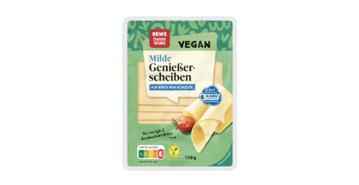 Eine Packung REWE Beste Wahl Vegane Genuss Scheiben mild.