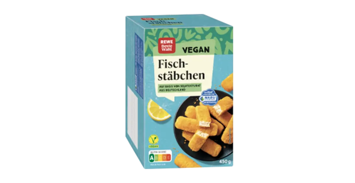 Eine Packung REWE Beste Wahl Vegane Fischstäbchen.