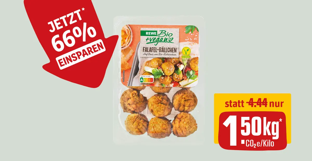 Eine Packung REWE Bio + vegan Falafelbällchen. Darüber steht ein roter Störer mit der Aufschrift „Jetzt 66 % einsparen“. Darunter steht in einem zweiten Störer „Statt 4,44 nur 1,50 kg* CO2e/Kilo“.