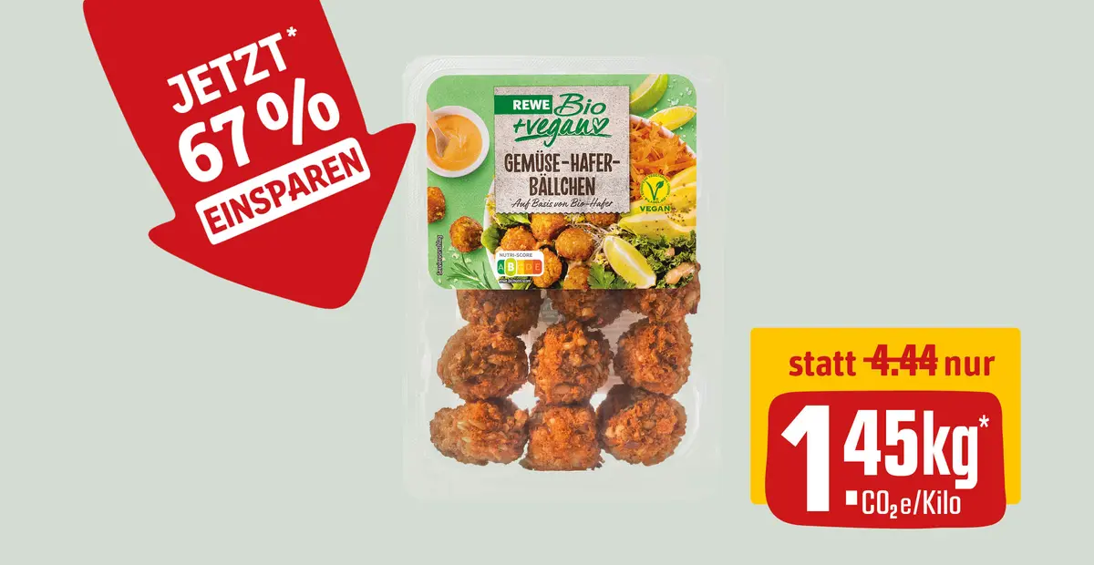Eine Packung REWE Bio + vegan Gemüse-Hafer-Bällchen. In einem roten Störer steht der Text „Jetzt 67 % einsparen“. Darunter informiert ein zweiter Störer „Statt 4,44 nur 1,45 kg* CO2e/Kilo“.