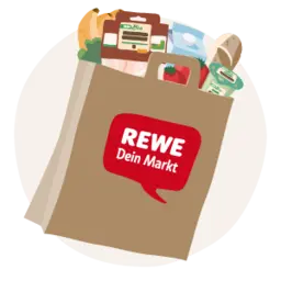 Eine REWE Papiertüte voll unterschiedlicher Produkte. 