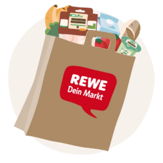 Eine illustrierte REWE Einkaufstüte. 