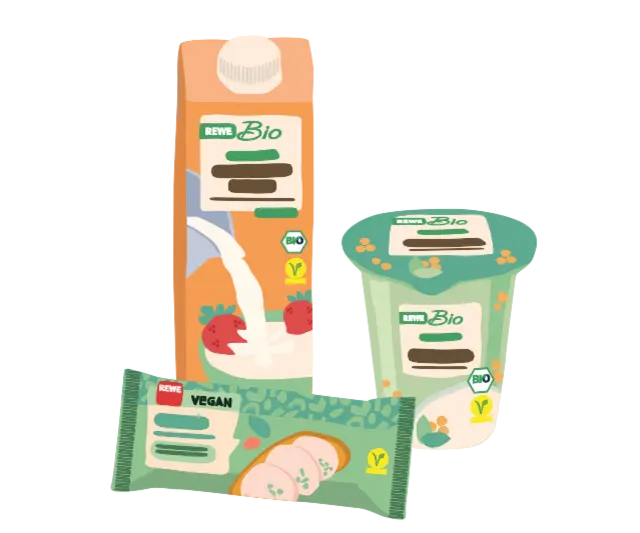 Drei illustrierte REWE Bio + vegan Produkte stehen stellvertretend für das gesamte vegane Sortiment. 
