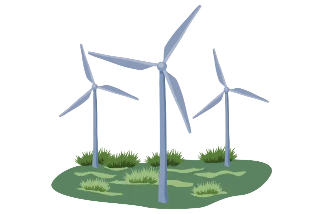 Die Illustration zeigt mehrere Windräder. 