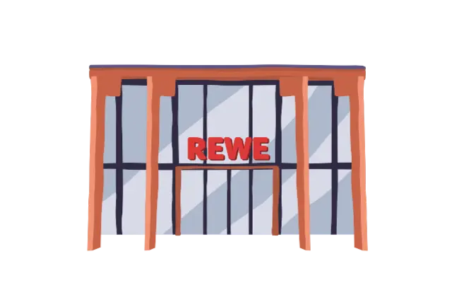 Ein illustrierter REWE Green Building Markt. 