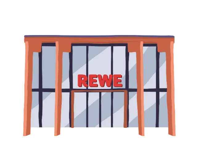 Ein illustrierter REWE Green Building Markt. 