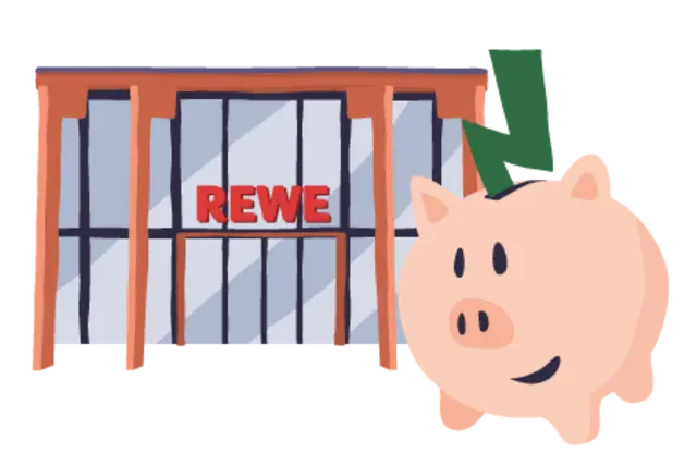 Ein illustriertes Sparschwein vor einem REWE Green Building. Ein grüner Blitz symbolisiert Grünstrom.