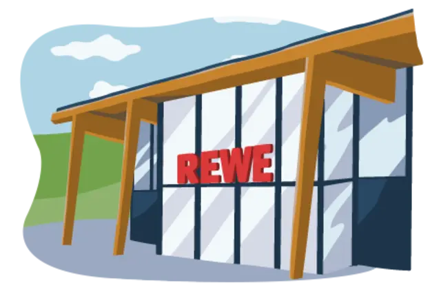 Eine Illustration zeigt die moderne Fassade eines REWE Green Buildings.