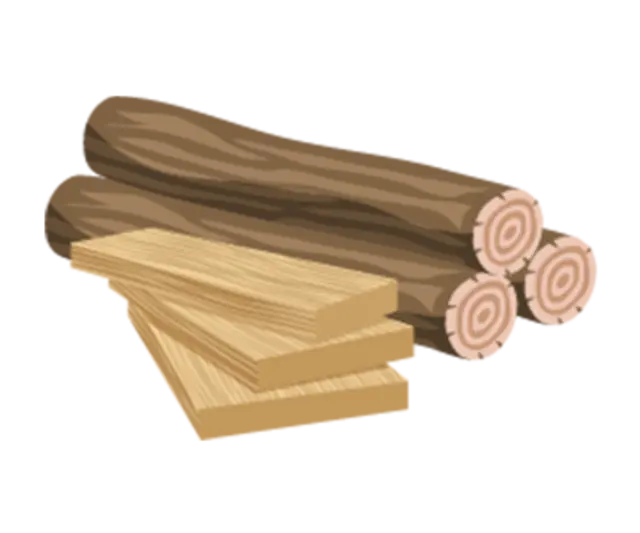 Mehrere illustrierte Baumstämme und Holzbretter. 