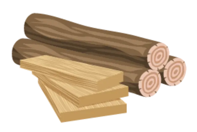 Mehrere illustrierte Baumstämme und Holzbretter. 
