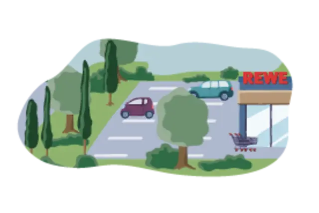 Eine Illustration des Parkplatzes vor dem Green Farming Markt mit Bäumen und Grünfläche. 