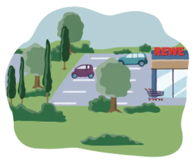 Eine Illustration des Parkplatzes vor dem Green Farming Markt mit Bäumen und Grünfläche. 