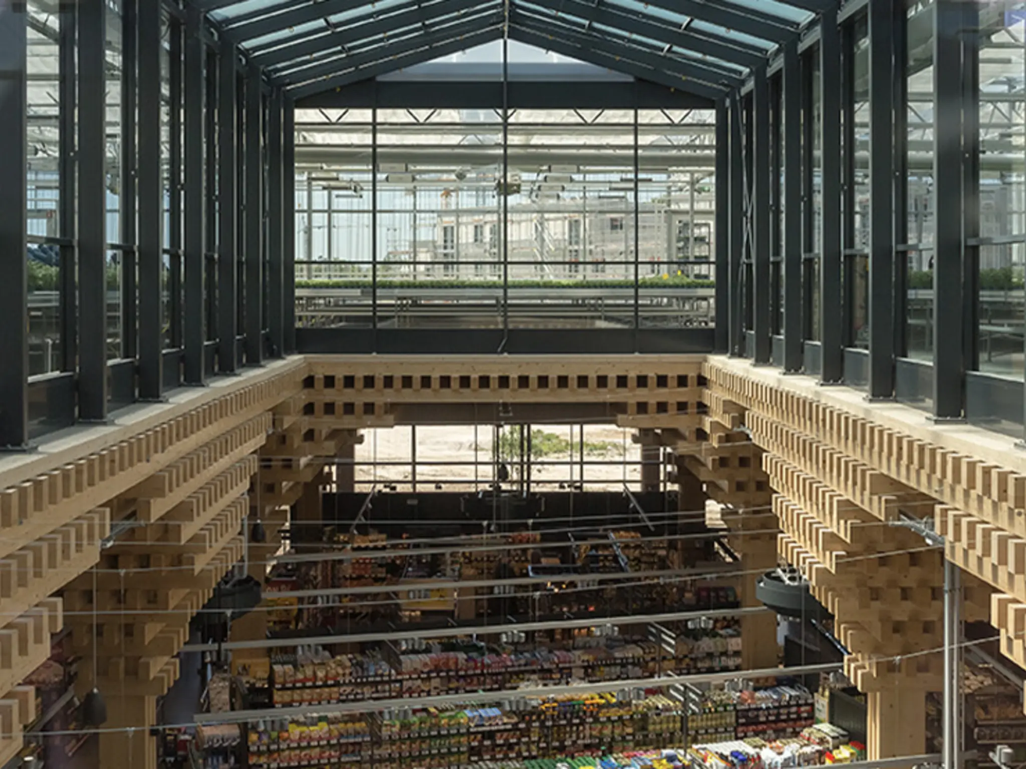 Ein Blick von der Dachfarm in den hellen Innenbereich des Green Farming Marktes. Man erkennt das Atrium und die Tageslicht-Architektur.