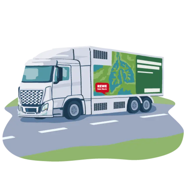 Ein illustrierter E-Lkw ist für REWE im Einsatz.