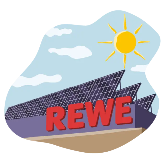 Ein illustrierter, grüner REWE Markt mit Solarpanelen auf dem Dach.