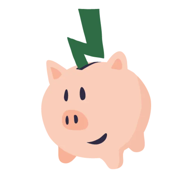 Ein illustriertes Sparschwein. Ein grüner Blitz symbolisiert grünen Strom.