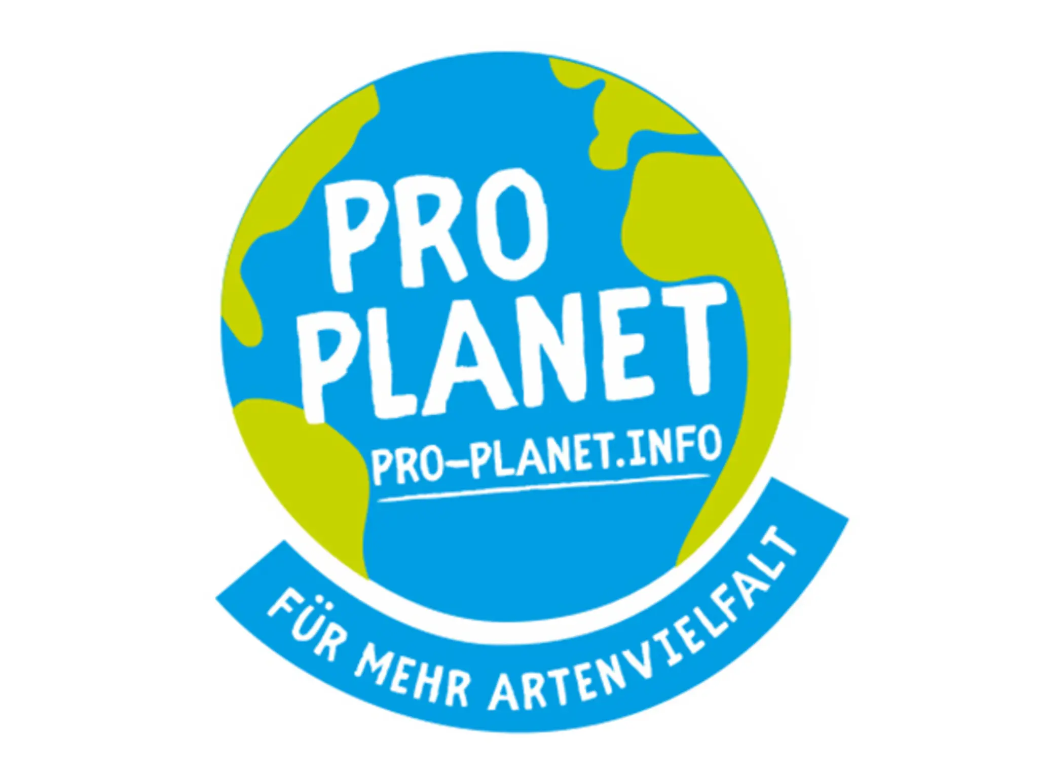 Das Pro Planet Logo mit einer illustrierten Weltkugel und dem Schriftzug „PLANET, pro-planet.info, Für mehr Artenvielfalt“.