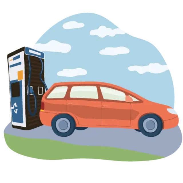 Ein illustriertes E-Auto an einer Ladesäule.