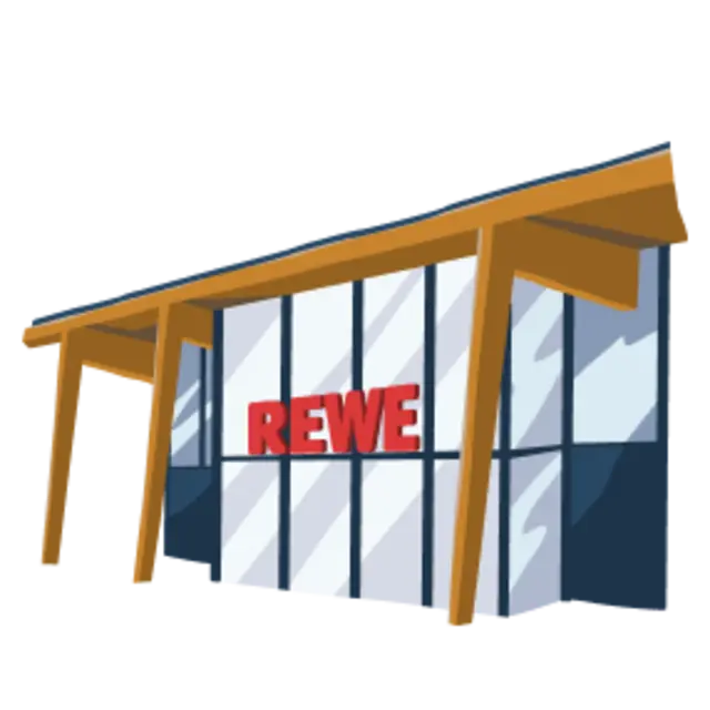 Ein illustriertes REWE Green Building mit Holzelementen und Tageslicht-Fassade.
