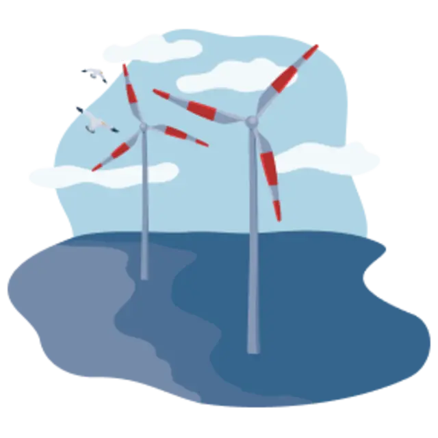 Ein illustrierter Offshore-Windpark.