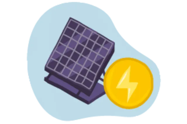 Ein illustriertes Solarpanel. Ein Blitz davor symbolisiert elektrischen Strom.
