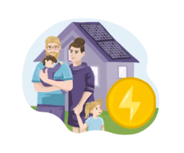 Eine Illustration zeigt eine Familie vor einem Einfamilienhaus. Ein Blitz davor symbolisiert elektrischen Strom.