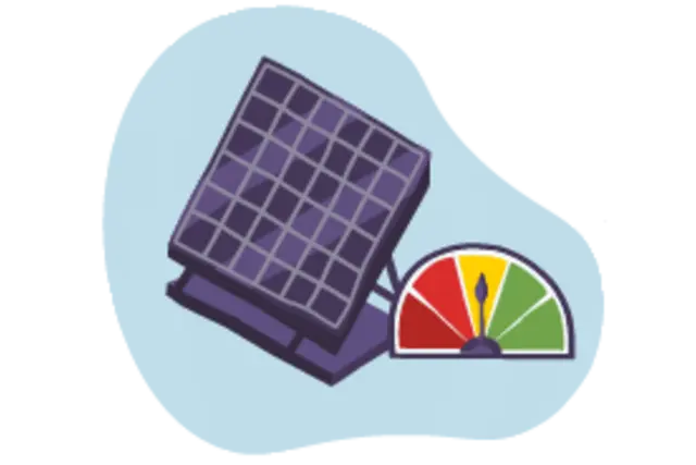 Ein illustriertes Solarpanel mit einer Stromanzeige im Vordergrund.