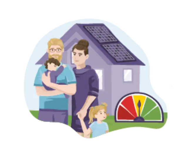 Eine Illustration zeigt eine Familie vor einem Einfamilienhaus.