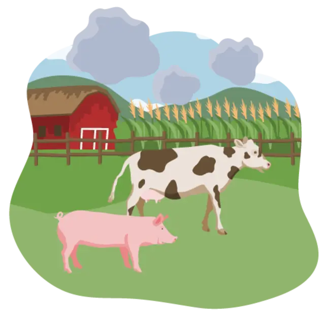 Ein illustrierter landwirtschaftlicher Betrieb. Im Vordergrund stehen eine Kuh und ein Schwein auf der Weide. Im Hintergrund erkennt man ein Feld.