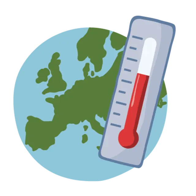Die Illustration zeigt unsere Erdkugel und ein Thermometer.