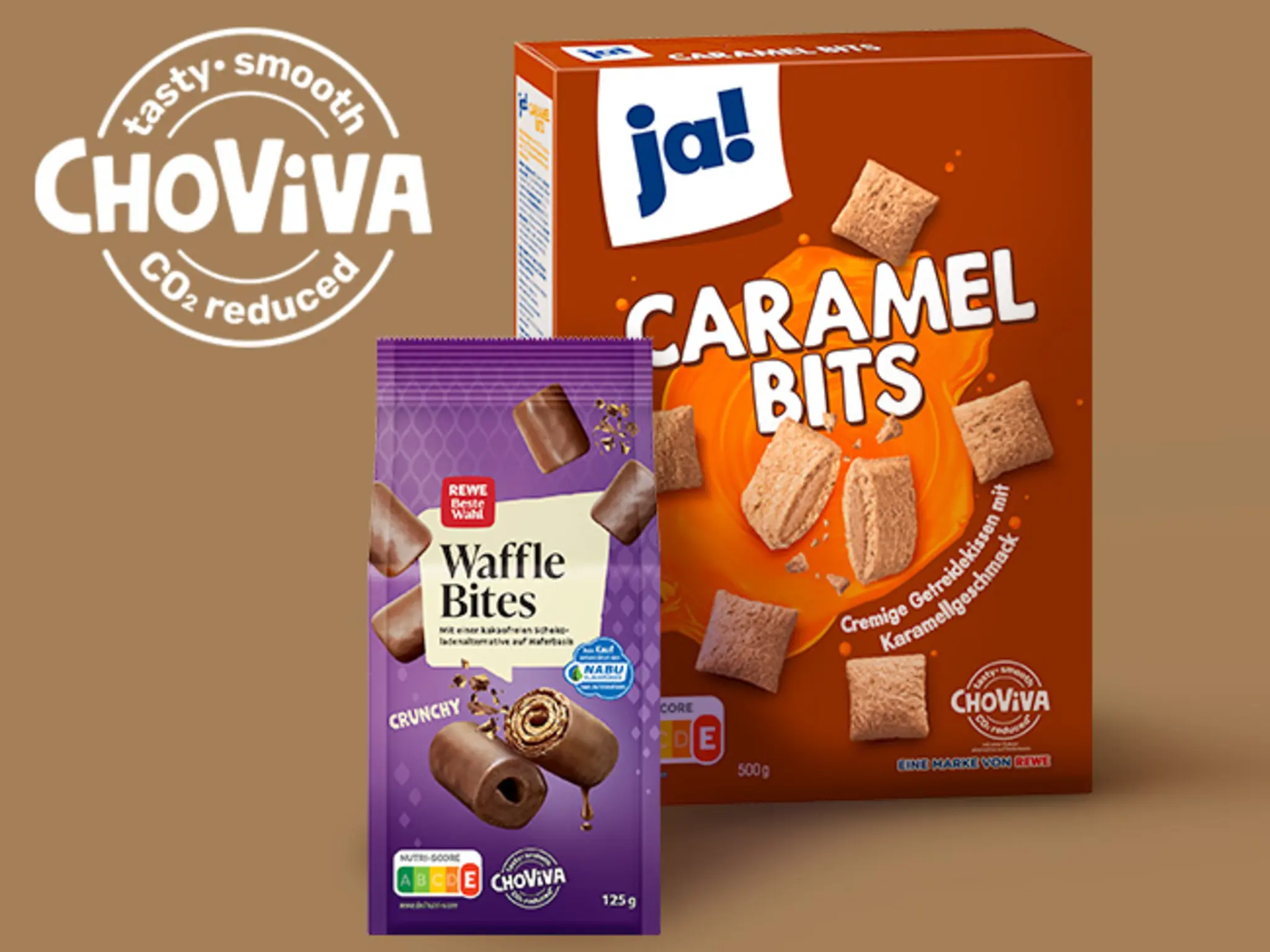 Ja! Caramel Bits und REWE Beste Wahl Waffle Bites mit ChoViva.